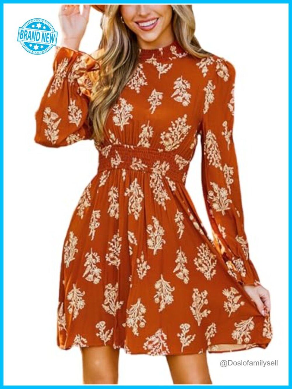 CUPSHE Women Mock Neck Floral Long Ruffle Sleeve Smocked Waist Mini Dress